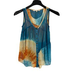 Rachel Rachel Roy XS Sleeveless Tie Dye Button Front Sheer Tank Top Blue Orange